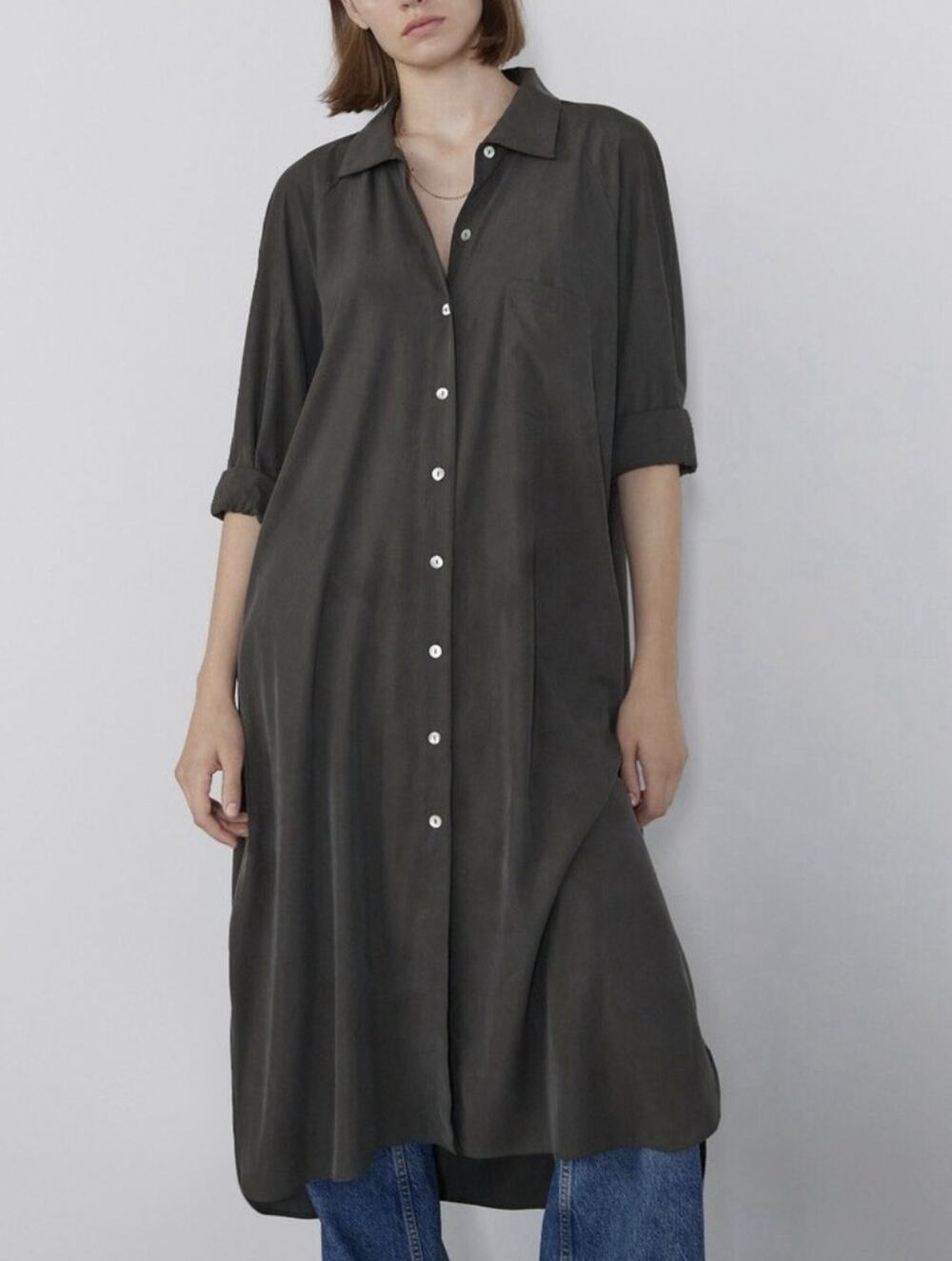 Zara Dress 3/4 Sleeve Collared Button Down Pocket Olive green Large A008004 - Picture 1 of 7